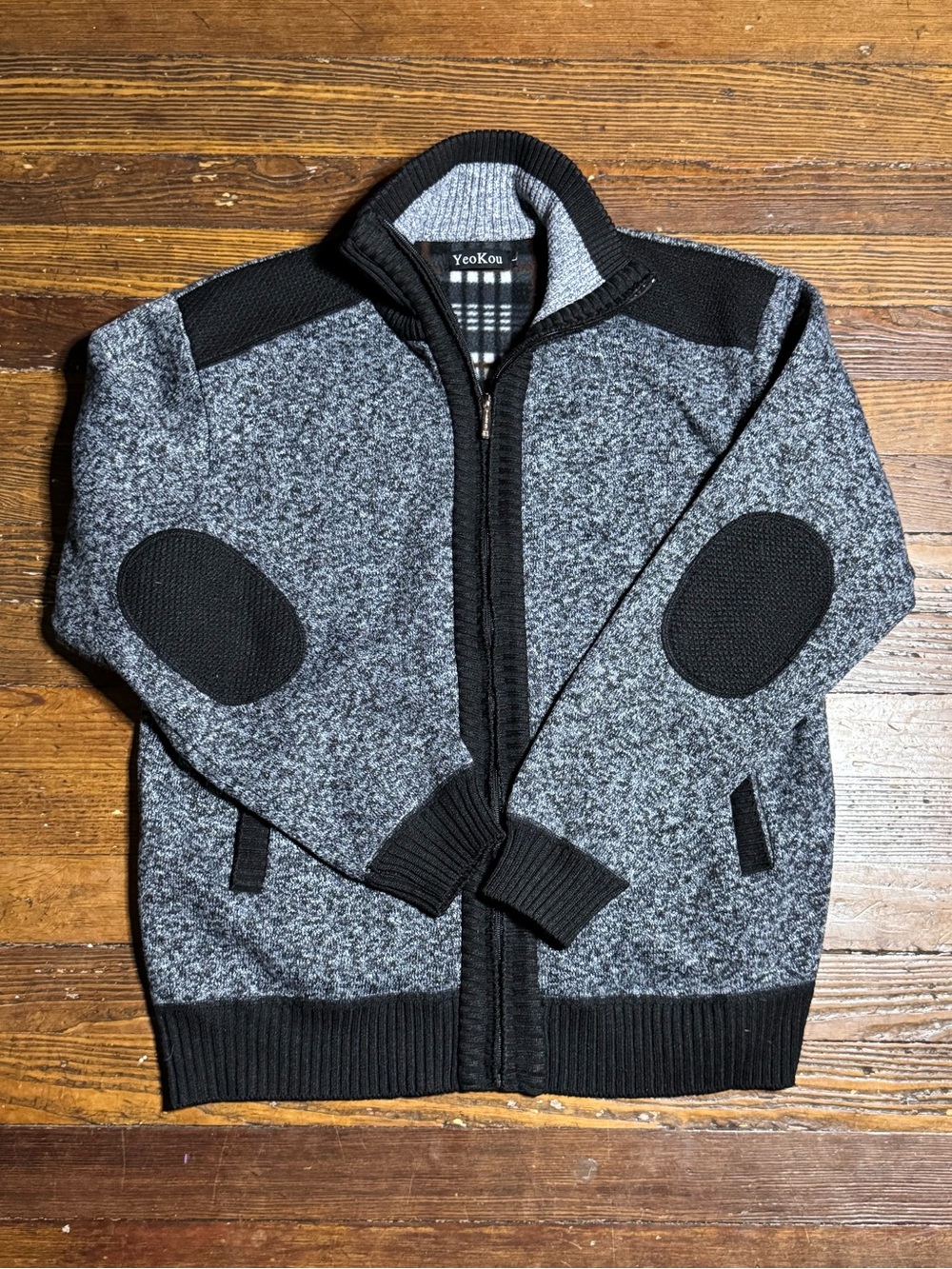 Yeokou Full Zip Wool & Cashmere Sweater Men’s Large Elbow Patched Blue Jacket